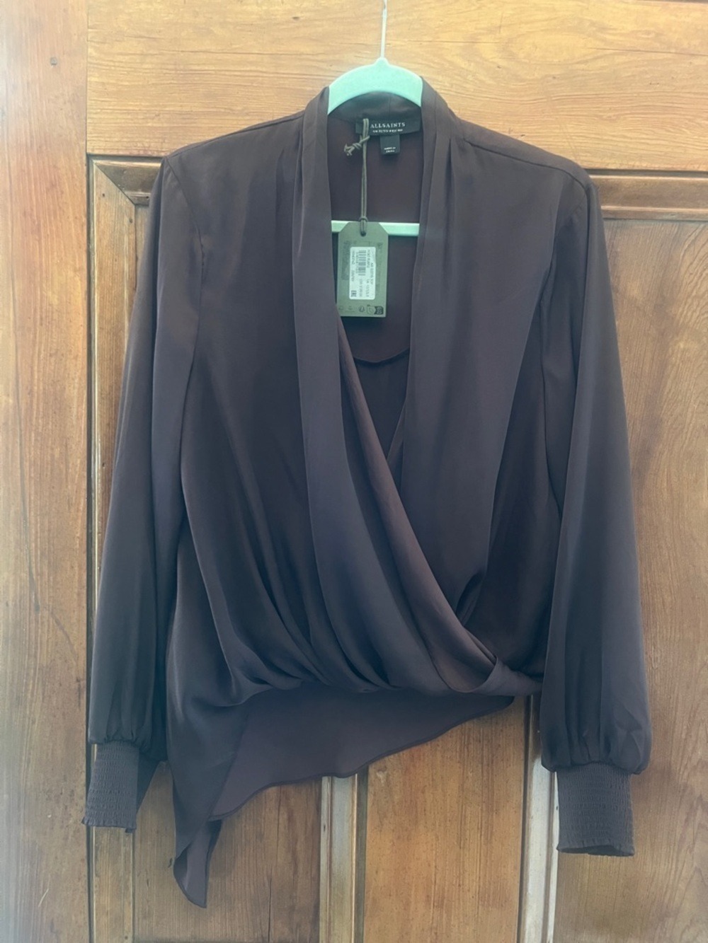 AllSaints Draped V-Neck Long Sleeve Blouse in Port Purple size 8 - Picture 3 of 6